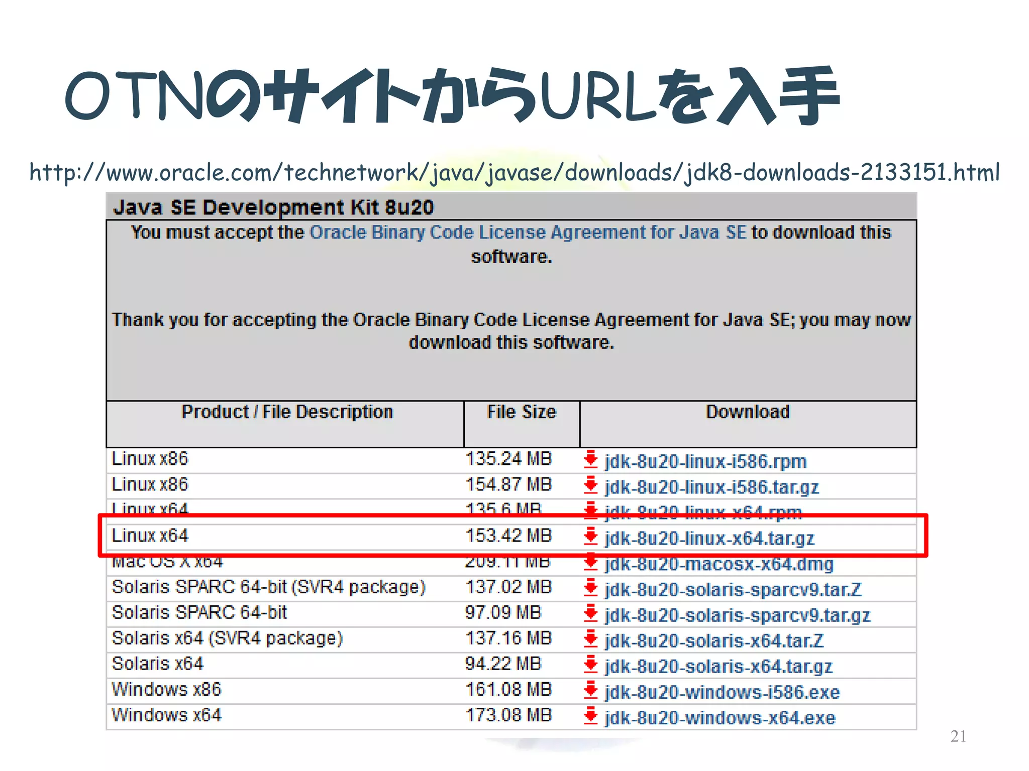 OTNのサイトからURLを入手 
http://www.oracle.com/technetwork/java/javase/downloads/jdk8-downloads-2133151.html 
21  