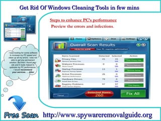 Get Rid Of Windows Cleaning Tools in few mins

                                     Steps to enhance PC’s performance
                                     How To Remove infections.
                                     Preview the errors and




I was looking for some software
  to increase my PC speed and
clean up all my errors. i was not
    able to get any permanent
 solution. But then i found your
    site and it really helped to
 optimize my PC performance.
       I would recommend
     your services. ….Allen




                                    http://www.spywareremovalguide.org
 