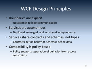 WCF Design Principles
• Boundaries are explicit
– No attempt to hide communication
• Services are autonomous
– Deployed, managed, and versioned independently
• Services share contracts and schemas, not types
– Contracts define behavior, schemas define data
• Compatibility is policy-based
– Policy supports separation of behavior from access
constraints
8
 