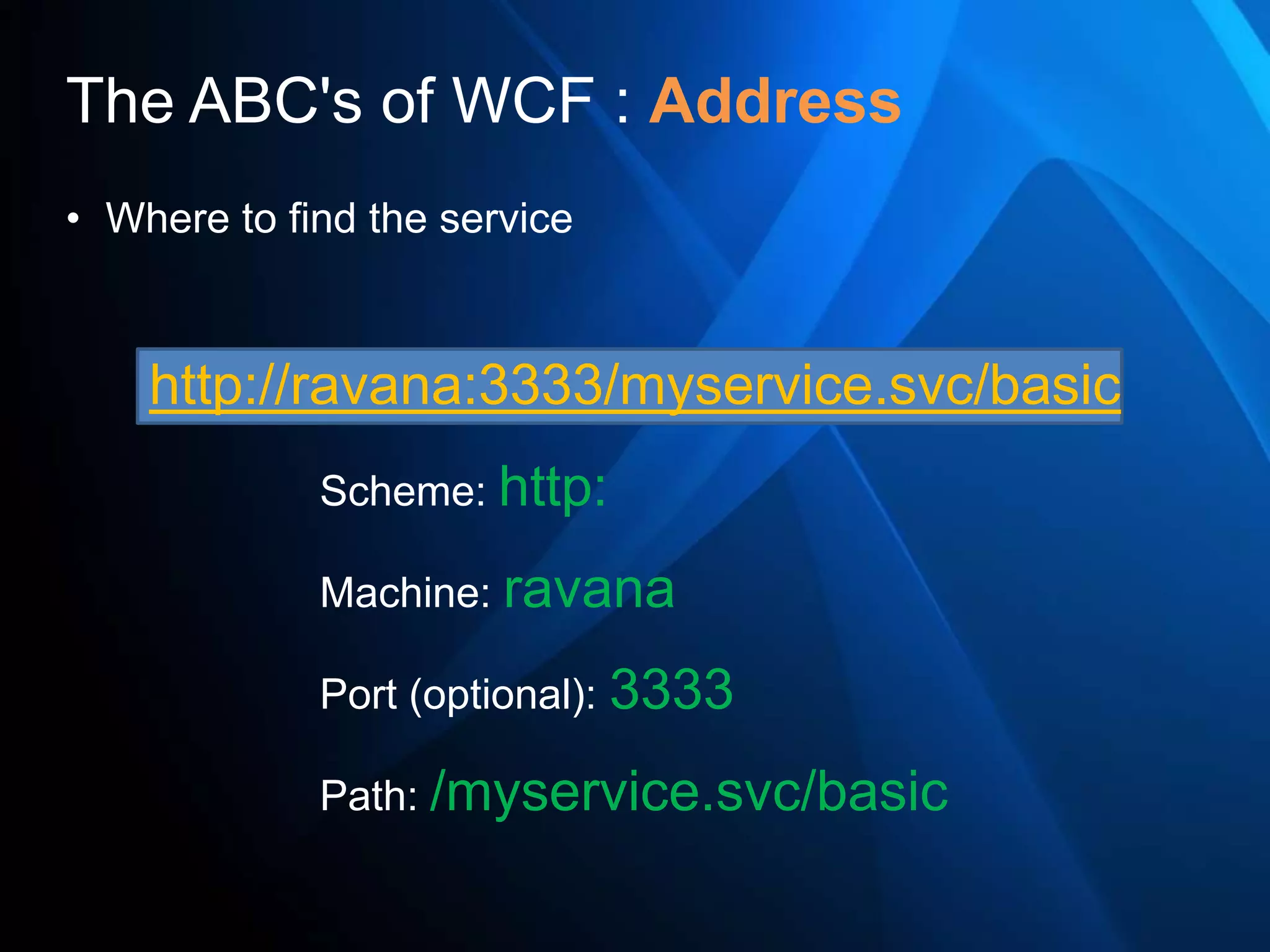 The ABC's of WCF : Address
• Where to find the service



    http://ravana:3333/myservice.svc/basic
             Scheme: http:

             Machine: ravana

             Port (optional): 3333

             Path: /myservice.svc/basic
 