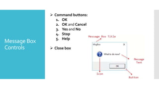 Message Box
Controls
 Command buttons:
1. OK
2. OK and Cancel
3. Yes and No
4. Stop
5. Help
 Close box
 