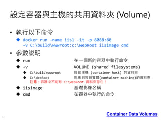 42
設定容器與主機的共用資料夾 (Volume)
• 執行以下命令
 docker run -name iis1 -it -p 8088:80
-v C:buildwwwroot:c:WebRoot iisimage cmd
• 參數說明
 run 在一個新的容器中執行命令
 -v VOLUME (shared filesystems)
 C:buildwwwroot 容器主機 (container host) 的資料夾
 C:WebRoot 對應到容器實體(container machine)的資料夾
注意：容器中不能有 C:WebRoot 資料夾存在！
 iisimage 基礎影像名稱
 cmd 在容器中執行的命令
Container Data Volumes
 