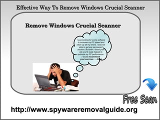 Effective Way To Remove Windows Crucial Scanner

           How To Remove
    Remove Windows Crucial Scanner 

                       I was looking for some software
                         to increase my PC speed and
                       clean up all my errors. i was not
                           able to get any permanent
                        solution. But then i found your
                           site and it really helped to
                        optimize my PC performance.
                              I would recommend
                            your services. ….Allen




http://www.spywareremovalguide.org
 