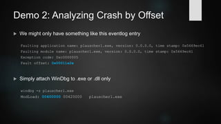 Finding a Memory Leak
 Inspect entry and get allocation backtrace
0:001> !heap -p -a 039d1190
address 039d1190 found in
_HEAP @ 39c0000
HEAP_ENTRY Size Prev Flags UserPtr UserSize - state
039d1190 01f7 0000 [00] 039d11a8 00fa0 - (busy)
77b3cdb3 ntdll!RtlpCallInterceptRoutine+0x00000026
77af71f1 ntdll!RtlAllocateHeap+0x000461d1
73f3f7cb ucrtbase!malloc+0x0000002b
d112d plauscherl!operator new+0x0000002c
d1027 plauscherl!allocateStuff+0x00000027
d12f6 plauscherl!__scrt_common_main_seh+0x000000ff
77447c04 KERNEL32!BaseThreadInitThunk+0x00000024
77acad1f ntdll!__RtlUserThreadStart+0x0000002f
 