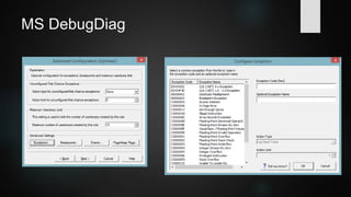 For your Toolbox
 MS DebugDiag
 http://blogs.msdn.com/b/debugdiag/
 Process-specific rules for crashes,
perfcounters, memory usage, exceptions
 Creates full dumps, mini dumps, stack traces
 Built-in auto-analysis
 