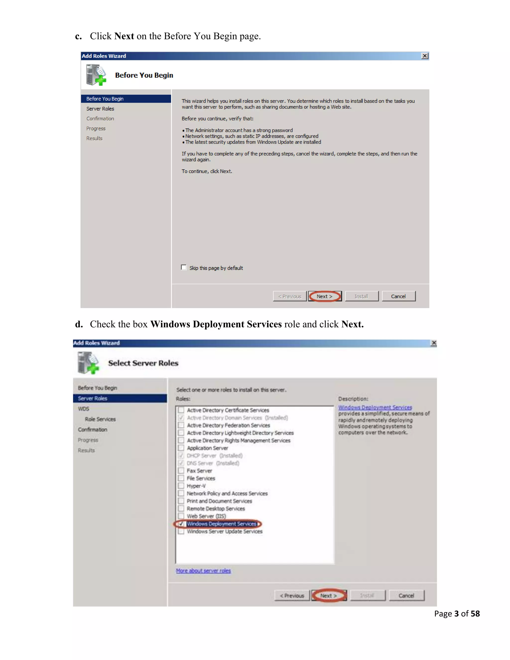 Page 3 of 58
c. Click Next on the Before You Begin page.
d. Check the box Windows Deployment Services role and click Next.
 