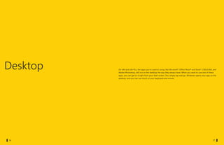 Desktop   On x86 and x64 PCs, the apps you’re used to using, like Microsoft® Office Word® and Excel®, CAD/CAM, and
             Adobe Photoshop, still run on the desktop the way they always have. When you want to use one of these
             apps, you can get to it right from your Start screen. You simply tap and go. Windows opens your app on the
             desktop, and you can use touch or your keyboard and mouse.




		 016
		 16
   16                                                                                              		 17
 