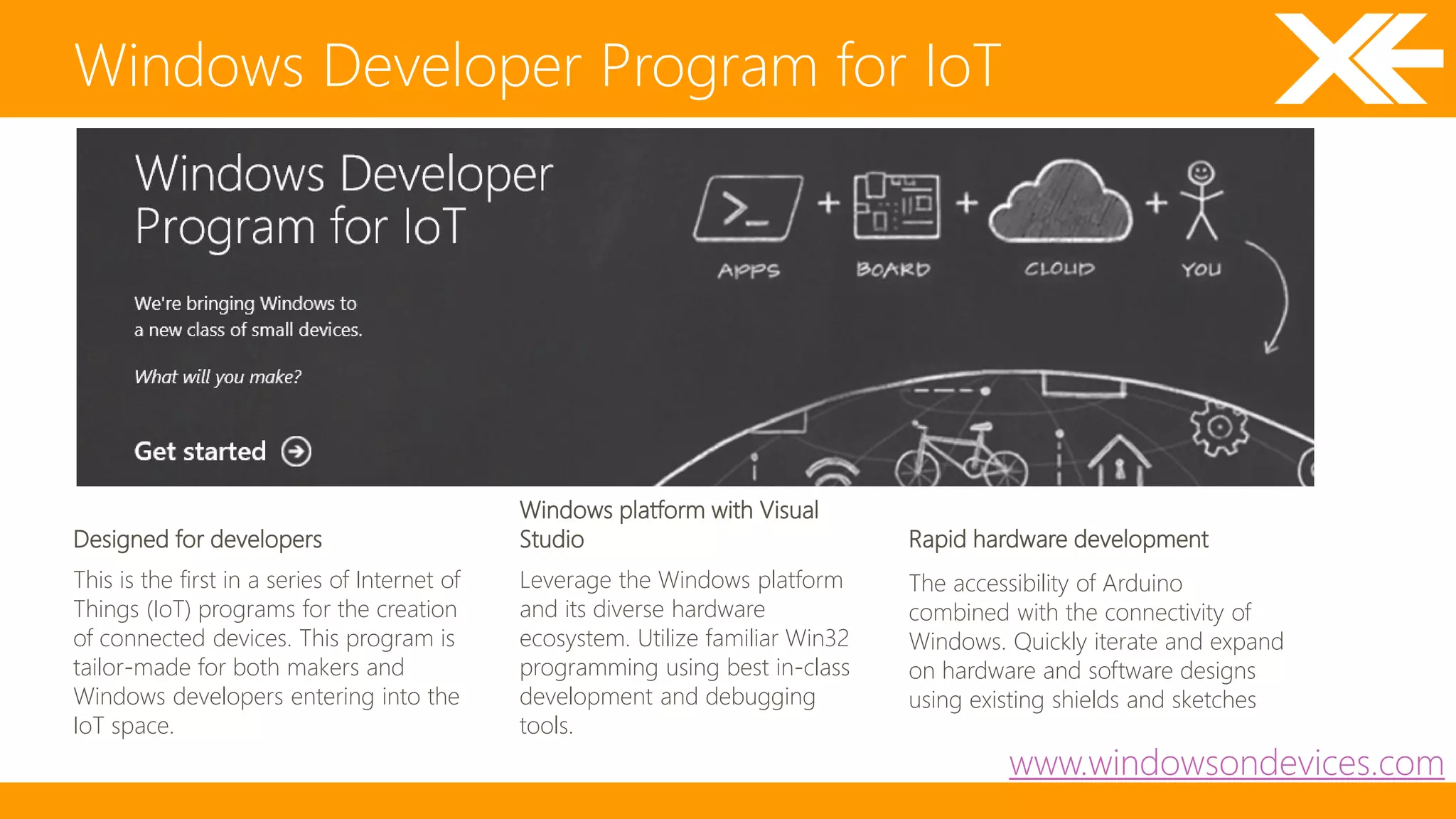 Windows Developer Program for IoT 
www.windowsondevices.com 
This is the first in a series of Internet of 
Things (IoT) programs for the creation 
of connected devices. This program is 
tailor-made for both makers and 
Windows developers entering into the 
IoT space. 
Leverage the Windows platform 
and its diverse hardware 
ecosystem. Utilize familiar Win32 
programming using best in-class 
development and debugging 
tools. 
The accessibility of Arduino 
combined with the connectivity of 
Windows. Quickly iterate and expand 
on hardware and software designs 
using existing shields and sketches 
Designed for developers 
Windows platform with Visual 
Studio Rapid hardware development 
 