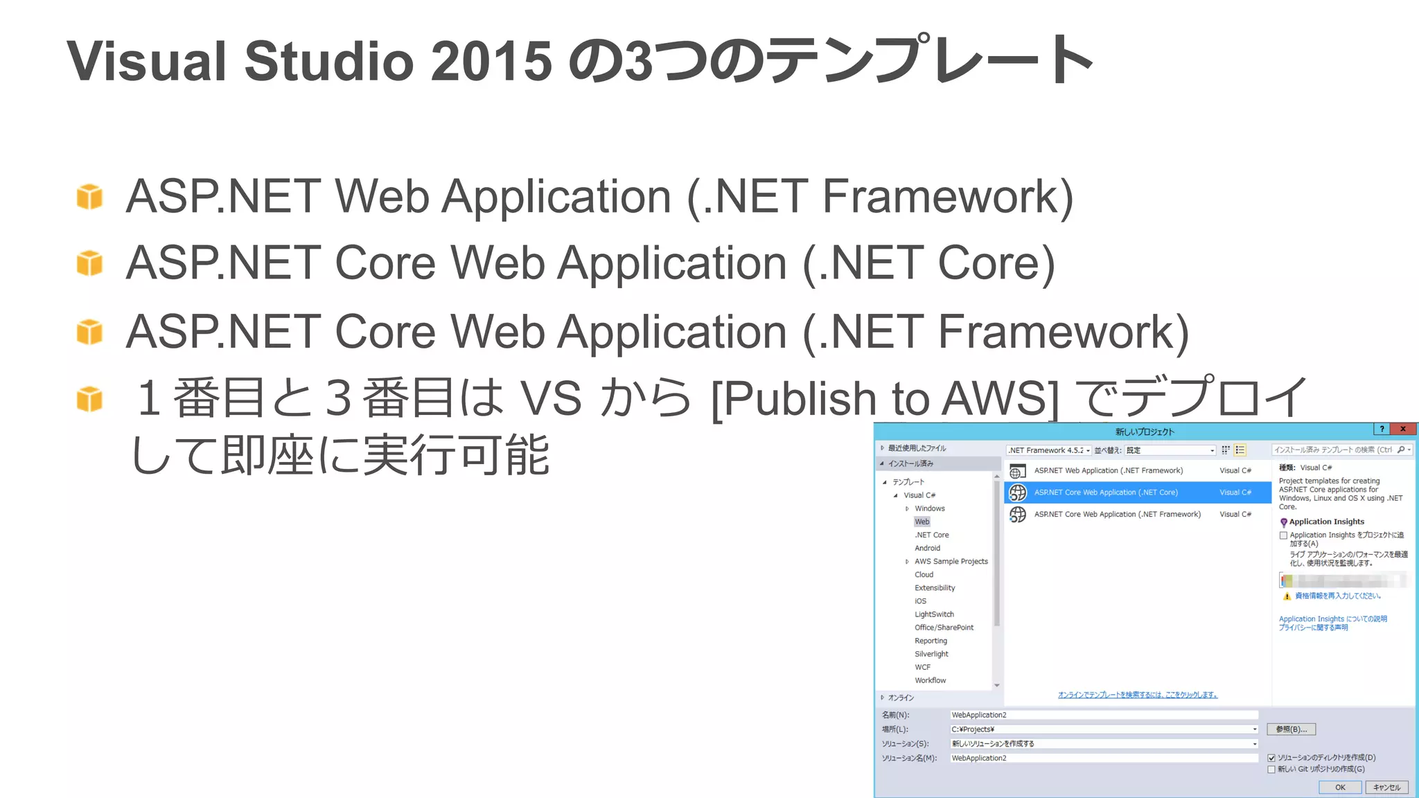 Visual Studio 2015 の3つのテンプレート
  ASP.NET Web Application (.NET Framework)
  ASP.NET Core Web Application (.NET Core)
  ASP.NET Core Web Application (.NET Framework)
  １番⽬目と３番⽬目は  VS  から  [Publish to AWS] でデプロイ
して即座に実⾏行行可能
 