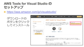 AWS Tools for Visual Studio の
セットアップ  
https://aws.amazon.com/jp/visualstudio/
ダウンロードの
ボタンをクリック
してインストール
 