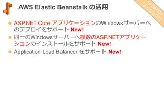 AWS Elastic Beanstalk の活⽤用
  ASP.NET Core  アプリケーションのWindowsサーバーへ
のデプロイをサポート  New!
  同⼀一のWindowsサーバーへ複数のASP.NETアプリケー
ションのインストールをサポート  New!
  Application Load Balancer をサポート  New!
 