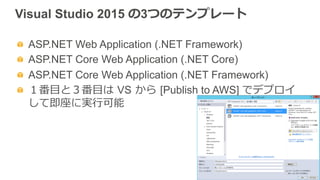 Visual Studio 2015 の3つのテンプレート
  ASP.NET Web Application (.NET Framework)
  ASP.NET Core Web Application (.NET Core)
  ASP.NET Core Web Application (.NET Framework)
  １番⽬目と３番⽬目は  VS  から  [Publish to AWS] でデプロイ
して即座に実⾏行行可能
 