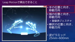 Leap Motionで検出できること
• 手の位置と向き、
移動方向
• 指の位置と向き、
移動方向
• 登録済ジェスチャ
• 棒状の位置と向き、
移動方向
• 逆ピラミッド
25mm~600mm
 