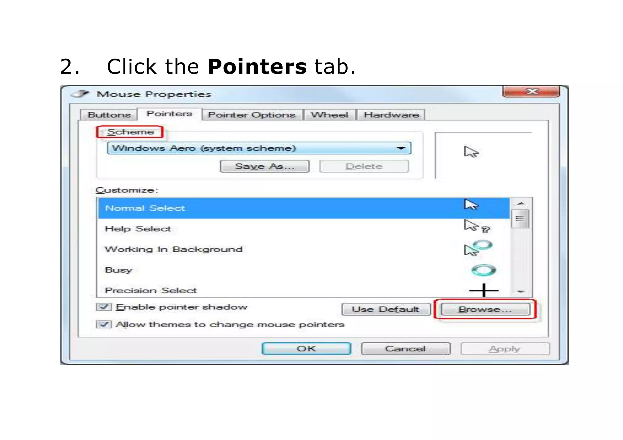 2. Click the Pointers tab.
 