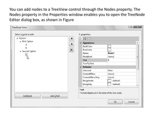 You can add nodes to a TreeView control through the Nodes property. The
Nodes property in the Properties window enables you to open the TreeNode
Editor dialog box, as shown in Figure
 