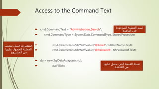 Access to the Command Text
 cmd.CommandText = "Administration_Search";
 cmd.CommandType = System.Data.CommandType. StoredProcedure;
 cmd.Parameters.AddWithValue("@Email", txtUserName.Text);
 cmd.Parameters.AddWithValue("@Password", txtPassword.Text);
 da = new SqlDataAdapter(cmd);
 da.Fill(dt);
‫الموجودة‬ ‫العملية‬ ‫اسم‬
‫القاعدة‬ ‫في‬
‫تتطلب‬ ‫التيي‬ ‫المتغيرات‬
‫عليها‬ ‫الحصول‬ ‫العملية‬
‫المشروع‬ ‫من‬
‫عليها‬ ‫حصل‬ ‫التي‬ ‫القيمة‬ ‫تعبئة‬
‫القاعدة‬ ‫من‬
 