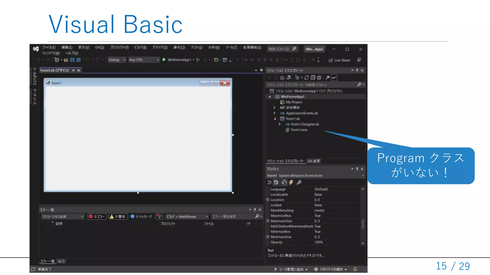 / 29
Visual Basic
15
Program クラス
がいない！
 