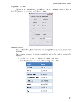 Controles Windows Forms
21
Programa 2.3: Cursos
El siguiente programa tiene como objetivo, calcular cual es el costo por asistir a
algún(os) curso(s) en una frecuencia determinada.
Especificaciones:
• Diseñe el formulario. Se mostraran los cursos disponibles que puede seleccionar
el usuario.
• El proceso de selección de opciones, y cálculo del total se hará de la siguiente
manera:
o Se seleccionará el o los cursos a los que se desea asistir.
o El costo de cada curso se muestra en la siguiente tabla:
Curso Costo
Access $200.00
PL/SQL $2,000.00
Transact-SQL $2,500.00
Visual Studio .Net $15,000.00
Sql Server $20,000.00
Oracle $35,000.00
MySQL $10,000.00
Php $8,500.00
 