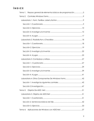 3
Í N D I C E
Tema 1. Repaso general de elementos básicos de programación...................5
Tema 2. Controles Windows Forms...........................................................................9
Laboratorio 1. Form, TextBox, Label y Button.........................................................9
Sección 1.Cuestionario.......................................................................................9
Sección 2. Ejercicios. .........................................................................................10
Sección 3. Investigar y/o Inventar.....................................................................15
Sección 4. A jugar................................................................................................17
Laboratorio 2. RadioButton y CheckBox..............................................................18
Sección 1.Cuestionario.....................................................................................18
Sección 2. Ejercicios ..........................................................................................19
Sección 3. Investigar y/o Inventar.....................................................................22
Sección 4. A jugar................................................................................................25
Laboratorio 3. Combobox y Listbox......................................................................27
Sección 1. Cuestionario....................................................................................27
Sección 2. Ejercicios ..........................................................................................29
Sección 3. Investigar y/o Inventar.....................................................................39
Sección 4. A jugar................................................................................................41
Laboratorio 4. Otros Componentes De Windows Forms....................................42
Sección 1. Investiga los siguientes controles. ..................................................42
Sección 2.Investigación....................................................................................47
Tema 3. Objetos De ADO .Net................................................................................51
Laboratorio 5. Objetos de ADO.Net.....................................................................51
Sección 1.Cuestionario.....................................................................................51
Sección 2. Sentencias básicas de SQL.............................................................52
Sección 3. Ejercicio............................................................................................53
Tema 4. Aplicaciones de Windows con ADO.Net...............................................57
 