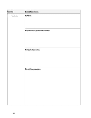 44
Control Especificaciones
Función.
Propiedades/Métodos/Eventos.
Notas Adicionales.
Ejercicio propuesto.
 
