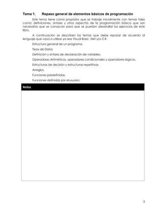 5
Tema 1. Repaso general de elementos básicos de programación
Este tema tiene como propósito que se trabaje inicialmente con temas tales
como: definiciones, sintaxis y otros aspectos de la programación básica que son
necesarios que se conozcan para que se puedan desarrollar los ejercicios de este
libro.
A continuación se describen los temas que debe repasar de acuerdo al
lenguaje que vaya a utilizar ya sea Visual Basic .Net y/o C#:
Estructura general de un programa.
Tipos de Datos
Definición y sintaxis de declaración de variables.
Operadores Aritméticos, operadores condicionales y operadores lógicos.
Estructuras de decisión y estructuras repetitivas.
Arreglos.
Funciones predefinidas.
Funciones definidas por elusuario.
Notas
 