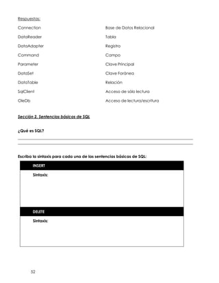 52
Respuestas:
Connection Base de Datos Relacional
DataReader Tabla
DataAdapter Registro
Command Campo
Parameter Clave Principal
DataSet Clave Foránea
DataTable Relación
SqlClient Acceso de sólo lectura
OleDb Acceso de lectura/escritura
Sección 2. Sentencias básicas de SQL
¿Qué es SQL?
_________________________________________________________________________________________
_________________________________________________________________________________________
Escriba la sintaxis para cada una de las sentencias básicas de SQL:
INSERT
Sintaxis:
DELETE
Sintaxis:
 