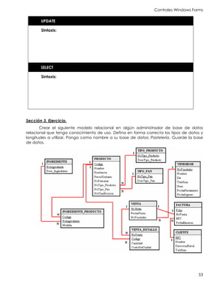 Controles Windows Forms
53
UPDATE
Sintaxis:
SELECT
Sintaxis:
Sección 3. Ejercicio.
Crear el siguiente modelo relacional en algún administrador de base de datos
relacional que tenga conocimiento de uso. Defina en forma correcta los tipos de datos y
longitudes a utilizar. Ponga como nombre a su base de datos: Pastelería. Guarde la base
de datos.
 