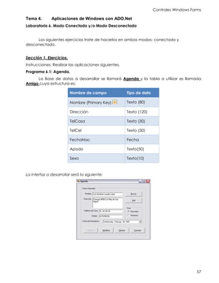 Controles Windows Forms
57
Tema 4. Aplicaciones de Windows con ADO.Net
Laboratorio 6. Modo Conectado y/o Modo Desconectado
Los siguientes ejercicios trate de hacerlos en ambos modos: conectado y
desconectado.
Sección 1. Ejercicios.
Instrucciones: Realizar las aplicaciones siguientes.
Programa 6.1: Agenda.
La Base de datos a desarrollar se llamará Agenda y la tabla a utilizar es llamada
Amigo cuya estructura es:
Nombre de campo Tipo de dato
Nombre (Primary Key) Texto (80)
Dirección Texto (120)
TelCasa Texto (30)
TelCel Texto (30)
FechaNac Fecha
Apodo Texto(50)
Sexo Texto(10)
La interfaz a desarrollar será la siguiente:
 