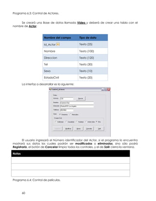 60
Programa 6.3: Control de Actores.
Se creará una Base de datos llamada Video y deberá de crear una tabla con el
nombre de Actor:
Nombre del C
Nombre del campo Tipo de dato
Id_Actor Texto (25)
Nombre Texto (100)
Direccion Texto (120)
Tel Texto (30)
Sexo Texto (10)
EstadoCivil Texto (20)
La interfaz a desarrollar es la siguiente:
El usuario ingresará el Número identificador del Actor, si el programa lo encuentra
mostrará sus datos los cuales podrán ser modificados o eliminados, sino sólo podrá
Registrarlo, el botón de Cancelar limpia todos los controles, y el de Salir cierra la ventana.
Notas
Programa 6.4: Control de películas.
 