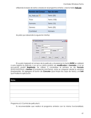 Controles Windows Forms
61
Utilizando la base de datos creada en el programa anterior, cree la tabla Película:
Nombre del Campo Tipo de dato
No_Pelicula Texto (20)
Titulo Texto (100)
Formato Texto (15)
Genero Texto (20)
Cantidad Número
Se pide que desarrolle la siguiente interfaz:
El usuario ingresará el número de la película y al presionar la tecla ENTER se validará
si esta registra la película, si es así sus datos podrán ser modificados o borrados, si no se
encuentra podrá Registrarla. Se utilizan 2 comboBox el primero es de Formato
[DVD/VHS/Otros] y Genero [Comedia/Acción/Terror], estos se cargaran desde la ventana
propiedades. Se agregara el botón de Cancelar (que limpia las cajas de texto) y el Salir
que finaliza la aplicación.
Notas
Programa 6.5: Control de películas II.
Es recomendable que realice el programa anterior con la misma funcionalidad,
 