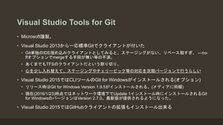 Visual Studio Tools for Git
• Microsoft謹製。
• Visual Studio 2013から一応標準Gitでクライアントが付いた
• Git単独のIDE埋め込みクライアントとしてみると、ステージングがない、リベース弱すぎ、 —no-
ffオプションでmergeする手段が無い等の不満。
• あくまでもTFSのクライアントだという割り切り。
• 心を少し入れ替えて、ステージングやチェリーピック等の対応を次期バージョンで行うらしい
• Visual Studio 2015ではCLIツールのGit for Windowsがインストールされる(オプション)
• リリース時はGit for Windows Version 1.9.5がインストールされる。(メディアに同梱)
• 現在(2016/1/23)時点ではネットワーク環境下でUpdate 1インストール時にインストールされるGit
for WindowsのバージョンはVersion 2.7.0。最新版が提供されるようになった。
• Visual Studio 2015ではGitHubクライアントの拡張もインストール出来る
 