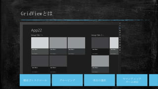 GridViewとは




                              セマンティック
横並び＋スクロール    グルーピング   項目の選択
                               ズーム対応
 
