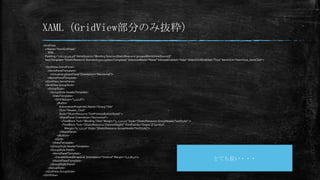 XAML（GridView部分のみ抜粋）
<GridView
 x:Name="itemGridView"
 …省略…
 Padding="116,137,40,46“ ItemsSource="{Binding Source={StaticResource groupedItemsViewSource}}"
 ItemTemplate="{StaticResource Standard250x250ItemTemplate}“ SelectionMode="None“ IsSwipeEnabled="false“ IsItemClickEnabled="True“ ItemClick="ItemView_ItemClick">

  <GridView.ItemsPanel>
    <ItemsPanelTemplate>
      <VirtualizingStackPanel Orientation="Horizontal"/>
    </ItemsPanelTemplate>
  </GridView.ItemsPanel>
  <GridView.GroupStyle>
    <GroupStyle>
      <GroupStyle.HeaderTemplate>
        <DataTemplate>
          <Grid Margin="1,0,0,6">
            <Button
              AutomationProperties.Name="Group Title"
              Click="Header_Click"
              Style="{StaticResource TextPrimaryButtonStyle}" >
              <StackPanel Orientation="Horizontal">
                <TextBlock Text="{Binding Title}" Margin="3,-7,10,10" Style="{StaticResource GroupHeaderTextStyle}" />
                <TextBlock Text=“{StaticResource ChevronGlyph}” FontFamily="Segoe UI Symbol"
                   Margin="0,-7,0,10" Style="{StaticResource GroupHeaderTextStyle}"/>
              </StackPanel>
            </Button>
          </Grid>
        </DataTemplate>
      </GroupStyle.HeaderTemplate>
      <GroupStyle.Panel>
        <ItemsPanelTemplate>
          <VariableSizedWrapGrid Orientation="Vertical" Margin="0,0,80,0"/>
        </ItemsPanelTemplate>                                                                                               とても長い・・・
      </GroupStyle.Panel>
    </GroupStyle>
  </GridView.GroupStyle>
</GridView>
 