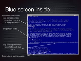 Blue screen inside
Bug check code
Bug check parameters
- speciﬁc to each bug
check
Additional information
- can be located...