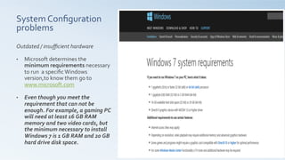 System	
  Conﬁguration	
  
problems	
  	
  
Outdated	
  /	
  insuﬃcient	
  hardware	
  
	
  
•  Microsoft	
  determines	
  the	
  
minimum	
  requirements	
  necessary	
  
to	
  run	
  	
  a	
  speciﬁc	
  Windows	
  
version,to	
  know	
  them	
  go	
  to	
  
www.microsoft.com	
  
	
  
•  Even	
  though	
  you	
  meet	
  the	
  
requirement	
  that	
  can	
  not	
  be	
  
enough.	
  For	
  example,	
  a	
  gaming	
  PC	
  
will	
  need	
  at	
  least	
  16	
  GB	
  RAM	
  
memory	
  and	
  two	
  video	
  cards,	
  but	
  
the	
  minimum	
  necessary	
  to	
  install	
  
Windows	
  7	
  is	
  1	
  GB	
  RAM	
  and	
  20	
  GB	
  
hard	
  drive	
  disk	
  space.	
  	
  
 