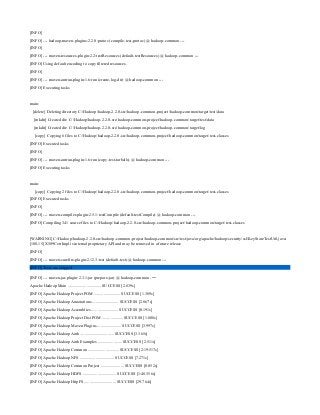 [INFO]
[INFO] --- hadoop-maven-plugins:2.2.0:protoc (compile-test-protoc) @ hadoop-common ---
[INFO]
[INFO] --- maven-resources-plugin:2.2:testResources (default-testResources) @ hadoop-common ---
[INFO] Using default encoding to copy filtered resources.
[INFO]
[INFO] --- maven-antrun-plugin:1.6:run (create-log-dir) @ hadoop-common ---
[INFO] Executing tasks
main:
[delete] Deleting directory C:Hadoophadoop-2.2.0-srchadoop-common-projecthadoop-commontargettestdata
[mkdir] Created dir: C:Hadoophadoop-2.2.0-srchadoop-common-projecthadoop-commontargettestdata
[mkdir] Created dir: C:Hadoophadoop-2.2.0-srchadoop-common-projecthadoop-commontargetlog
[copy] Copying 6 files to C:Hadoophadoop-2.2.0-srchadoop-common-projecthadoop-commontargettest-classes
[INFO] Executed tasks
[INFO]
[INFO] --- maven-antrun-plugin:1.6:run (copy-test-tarballs) @ hadoop-common ---
[INFO] Executing tasks
main:
[copy] Copying 2 files to C:Hadoophadoop-2.2.0-srchadoop-common-projecthadoop-commontargettest-classes
[INFO] Executed tasks
[INFO]
[INFO] --- maven-compiler-plugin:2.5.1:testCompile (default-testCompile) @ hadoop-common ---
[INFO] Compiling 341 source files to C:Hadoophadoop-2.2.0-srchadoop-common-projecthadoop-commontargettest-classes
[WARNING] C:Hadoophadoop-2.2.0-srchadoop-common-projecthadoop-commonsrctestjavaorgapachehadoopsecuritysslKeyStoreTestUtil.java:
[108,15] X509CertImpl is internal proprietary API and may be removed in a future release
[INFO]
[INFO] --- maven-surefire-plugin:2.12.3:test (default-test) @ hadoop-common ---
[INFO] Tests are skipped.
[INFO] --- maven-jar-plugin:2.3.1:jar (prepare-jar) @ hadoop-common ---
Apache Hadoop Main ................................ SUCCESS [2.839s]
[INFO] Apache Hadoop Project POM ......................... SUCCESS [1.389s]
[INFO] Apache Hadoop Annotations ......................... SUCCESS [2.867s]
[INFO] Apache Hadoop Assemblies .......................... SUCCESS [0.191s]
[INFO] Apache Hadoop Project Dist POM .................... SUCCESS [1.808s]
[INFO] Apache Hadoop Maven Plugins ....................... SUCCESS [3.997s]
[INFO] Apache Hadoop Auth ................................ SUCCESS [3.365s]
[INFO] Apache Hadoop Auth Examples ....................... SUCCESS [2.511s]
[INFO] Apache Hadoop Common .............................. SUCCESS [2:19.517s]
[INFO] Apache Hadoop NFS ................................. SUCCESS [7.271s]
[INFO] Apache Hadoop Common Project ...................... SUCCESS [0.052s]
[INFO] Apache Hadoop HDFS ................................ SUCCESS [1:48.356s]
[INFO] Apache Hadoop HttpFS .............................. SUCCESS [29.764s]
 