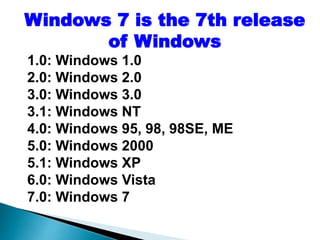 1.0: Windows 1.0
2.0: Windows 2.0
3.0: Windows 3.0
3.1: Windows NT
4.0: Windows 95, 98, 98SE, ME
5.0: Windows 2000
5.1: Windows XP
6.0: Windows Vista
7.0: Windows 7
Windows 7 is the 7th release
of Windows
 
