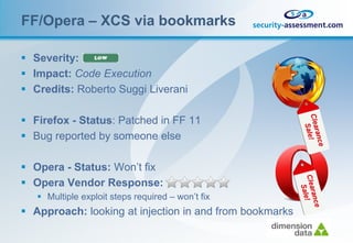 FF/Opera – XCS via bookmarks

 Severity:
 Impact: Code Execution
 Credits: Roberto Suggi Liverani

 Firefox - Status: Patched in FF 11
 Bug reported by someone else

 Opera - Status: Won’t fix
 Opera Vendor Response:
    Multiple exploit steps required – won’t fix
 Approach: looking at injection in and from bookmarks
 