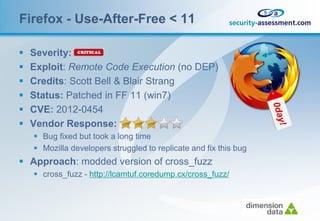 Firefox - Use-After-Free < 11

   Severity:
   Exploit: Remote Code Execution (no DEP)
   Credits: Scott Bell & Blair Strang
   Status: Patched in FF 11 (win7)
   CVE: 2012-0454
   Vendor Response:
     Bug fixed but took a long time
     Mozilla developers struggled to replicate and fix this bug
 Approach: modded version of cross_fuzz
     cross_fuzz - http://lcamtuf.coredump.cx/cross_fuzz/
 