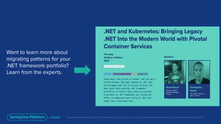 Unless otherwise indicated, these slides are © 2013-2019 Pivotal Software, Inc. and licensed under a Creative Commons Attribution-NonCommercial license: http://creativecommons.org/licenses/by-nc/3.0/
Want to learn more about
migrating patterns for your
.NET framework portfolio?
Learn from the experts.
 