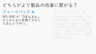 フィードバック B
Windows 10 の IME は何だ
か医学用語にとても弱いように
感じています。10 個ぐらい病
名を変換してもそのうち1・2個
ぐらいしか一発変換してくれま
せん。改善を希望します。
フィードバック A
 