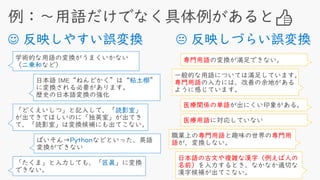  反映しづらい誤変換☺ 反映しやすい誤変換
学術的な用語の変換がうまくいかない（二
乗和など）
日本語 IME“ねんどかく”は“粘土槨”に変
換される必要があります。
歴史の日本語変換の強化
「どくえいしつ」と記入して、「読影室」が出てき
てほしいのに「独英室」が出てきて、「読影室」
は変換候補にも出てこない。
ぱいそん→Pythonなどといった、英語変換
ができない
「たくま」と入力しても、「匠眞」に変換できない。
専門用語の変換が満足できない。
職業上の専門用語と趣味の世界の専門用
語が、変換しない。
医療関係の単語が出にくい印象がある。
医療用語に対応していない
一般的な用語については満足しています。
専門用語の入力には、改善の余地があるよ
うに感じています。
日本語の古文や複雑な漢字（例えば人の名
前）を入力するとき、なかなか適切な漢字候
補が出てこない。
 