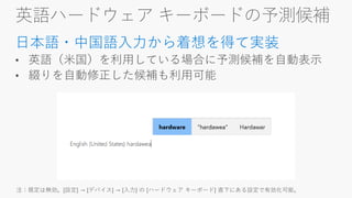 英語ハードウェア キーボードの予測候補
日本語・中国語入力から着想を得て実装
 
