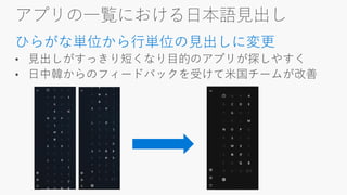アプリの一覧における日本語見出し
ひらがな単位から行単位の見出しに変更
 