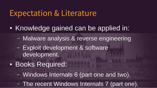 Expectation & Literature
● Knowledge gained can be applied in:
– Malware analysis & reverse engineering
– Exploit development & software
development.
● Books Required:
– Windows Internals 6 (part one and two).
– The recent Windows Internals 7 (part one).
● Knowledge gained can be applied in:
– Malware analysis & reverse engineering
– Exploit development & software
development.
● Books Required:
– Windows Internals 6 (part one and two).
– The recent Windows Internals 7 (part one).
 