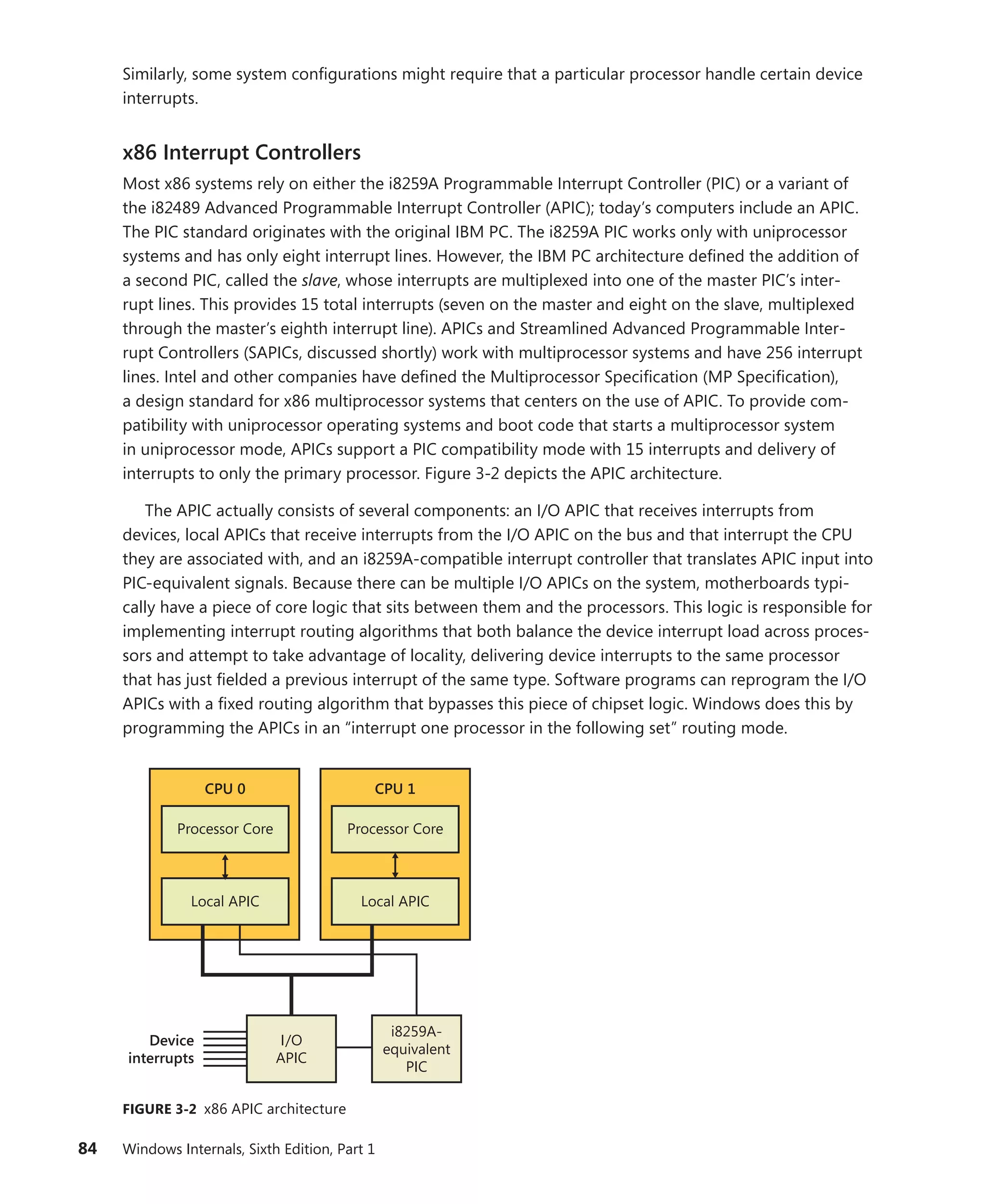 84 Windows Internals, Sixth Edition, Part 1
Similarly, some system configurations might require that a particular processor handle certain device
interrupts.
x86 Interrupt Controllers
Most x86 systems rely on either the i8259A Programmable Interrupt Controller (PIC) or a variant of
the i82489 Advanced Programmable Interrupt Controller (APIC); today’s computers include an APIC.
The PIC standard originates with the original IBM PC. The i8259A PIC works only with uniprocessor
systems and has only eight interrupt lines. However, the IBM PC architecture defined the addition of
a second PIC, called the slave, whose interrupts are multiplexed into one of the master PIC’s inter-
rupt lines. This provides 15 total interrupts (seven on the master and eight on the slave, multiplexed
through the master’s eighth interrupt line). APICs and Streamlined Advanced Programmable Inter-
rupt Controllers (SAPICs, discussed shortly) work with multiprocessor systems and have 256 interrupt
lines. Intel and other companies have defined the Multiprocessor Specification (MP Specification),
a design standard for x86 multiprocessor systems that centers on the use of APIC. To provide com-
patibility with uniprocessor operating systems and boot code that starts a multiprocessor system
in ­
uniprocessor mode, APICs support a PIC compatibility mode with 15 interrupts and delivery of
­
interrupts to only the primary processor. Figure 3-2 depicts the APIC architecture.
The APIC actually consists of several components: an I/O APIC that receives interrupts from
devices, local APICs that receive interrupts from the I/O APIC on the bus and that interrupt the CPU
they are associated with, and an i8259A-compatible interrupt controller that translates APIC input into
PIC-equivalent signals. Because there can be multiple I/O APICs on the system, motherboards typi-
cally have a piece of core logic that sits between them and the processors. This logic is responsible for
implementing interrupt routing algorithms that both balance the device interrupt load across proces-
sors and attempt to take advantage of locality, delivering device interrupts to the same processor
that has just fielded a previous interrupt of the same type. Software programs can reprogram the I/O
APICs with a fixed routing algorithm that bypasses this piece of chipset logic. Windows does this by
programming the APICs in an “interrupt one processor in the following set” routing mode.
CPU 0
Local APIC
Processor Core
CPU 1
i8259A-
equivalent
PIC
I/O
APIC
Device
interrupts
Local APIC
Processor Core
FIGURE 3-2 x86 APIC architecture
 