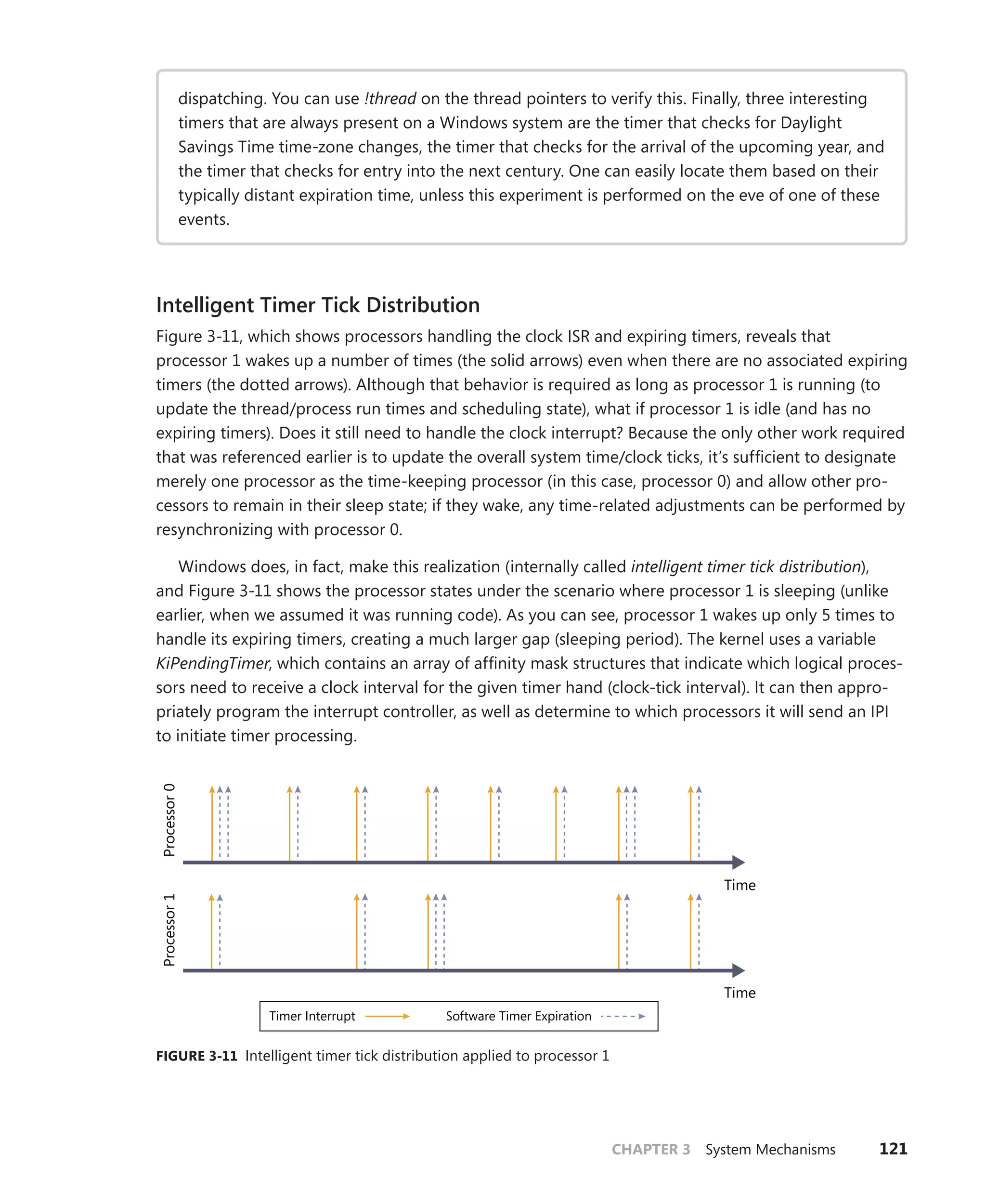 CHAPTER 3 System Mechanisms 121
dispatching. You can use !thread on the thread pointers to verify this. Finally, three ­
interesting
timers that are always present on a Windows system are the timer that checks for Daylight
­
Savings Time time-zone changes, the timer that checks for the arrival of the upcoming year, and
the timer that checks for entry into the next century. One can easily locate them based on their
typically distant expiration time, unless this experiment is performed on the eve of one of these
events.
Intelligent Timer Tick Distribution
Figure 3-11, which shows processors handling the clock ISR and expiring timers, reveals that
­
processor 1 wakes up a number of times (the solid arrows) even when there are no associated ­
expiring
timers (the dotted arrows). Although that behavior is required as long as processor 1 is running (to
update the thread/process run times and scheduling state), what if processor 1 is idle (and has no
expiring timers). Does it still need to handle the clock interrupt? Because the only other work required
that was referenced earlier is to update the overall system time/clock ticks, it’s sufficient to designate
merely one processor as the time-keeping processor (in this case, processor 0) and allow other pro-
cessors to remain in their sleep state; if they wake, any time-related adjustments can be performed by
resynchronizing with processor 0.
Windows does, in fact, make this realization (internally called intelligent timer tick distribution),
and Figure 3-11 shows the processor states under the scenario where processor 1 is sleeping (unlike
earlier, when we assumed it was running code). As you can see, processor 1 wakes up only 5 times to
handle its expiring timers, creating a much larger gap (sleeping period). The kernel uses a variable
KiPendingTimer, which contains an array of affinity mask structures that indicate which logical proces-
sors need to receive a clock interval for the given timer hand (clock-tick interval). It can then appro-
priately program the interrupt controller, as well as determine to which processors it will send an IPI
to initiate timer processing.
Processor
0
Processor
1
Timer Interrupt Software Timer Expiration
Time
Time
FIGURE 3-11 Intelligent timer tick distribution applied to processor 1
 