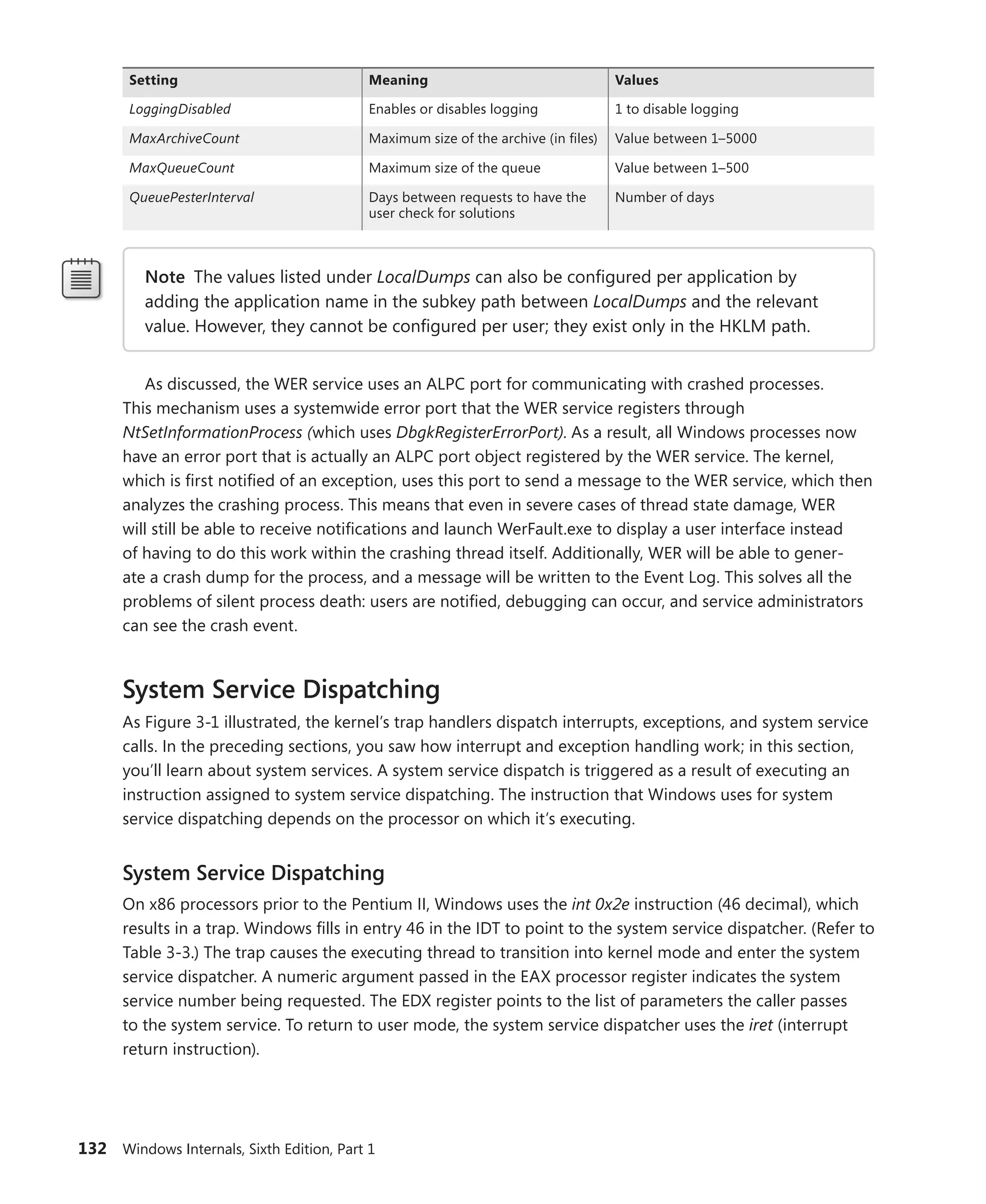 132 Windows Internals, Sixth Edition, Part 1
Setting Meaning Values
LoggingDisabled Enables or disables logging 1 to disable logging
MaxArchiveCount Maximum size of the archive (in files) Value between 1–5000
MaxQueueCount Maximum size of the queue Value between 1–500
QueuePesterInterval Days between requests to have the
user check for solutions
Number of days
Note The values listed under LocalDumps can also be configured per application by
­
adding the application name in the subkey path between LocalDumps and the relevant
value. However, they cannot be configured per user; they exist only in the HKLM path.
As discussed, the WER service uses an ALPC port for communicating with crashed ­
processes.
This mechanism uses a systemwide error port that the WER service registers through
­
NtSetInformationProcess (which uses DbgkRegisterErrorPort). As a result, all Windows processes now
have an error port that is actually an ALPC port object registered by the WER service. The kernel,
which is first notified of an exception, uses this port to send a message to the WER service, which then
analyzes the crashing process. This means that even in severe cases of thread state damage, WER
will still be able to receive notifications and launch WerFault.exe to display a user interface instead
of ­
having to do this work within the crashing thread itself. Additionally, WER will be able to gener-
ate a crash dump for the process, and a message will be written to the Event Log. This solves all the
problems of silent process death: users are notified, debugging can occur, and service administrators
can see the crash event.
System Service Dispatching
As Figure 3-1 illustrated, the kernel’s trap handlers dispatch interrupts, exceptions, and system service
calls. In the preceding sections, you saw how interrupt and exception handling work; in this section,
you’ll learn about system services. A system service dispatch is triggered as a result of executing an
­
instruction assigned to system service dispatching. The instruction that Windows uses for system
service dispatching depends on the processor on which it’s executing.
System Service Dispatching
On x86 processors prior to the Pentium II, Windows uses the int 0x2e instruction (46 decimal), which
results in a trap. Windows fills in entry 46 in the IDT to point to the system service dispatcher. (Refer to
Table 3-3.) The trap causes the executing thread to transition into kernel mode and enter the system
service dispatcher. A numeric argument passed in the EAX processor register indicates the system
service number being requested. The EDX register points to the list of parameters the caller passes
to the system service. To return to user mode, the system service dispatcher uses the iret (interrupt
return instruction).
 