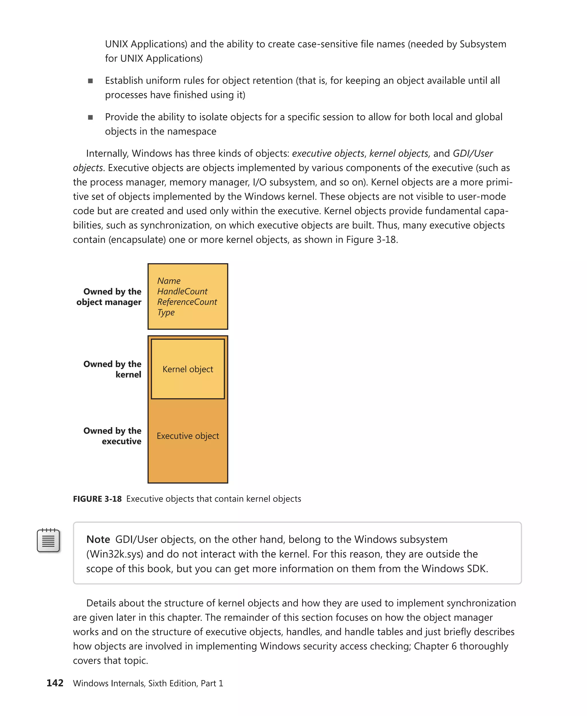 142 Windows Internals, Sixth Edition, Part 1
UNIX Applications) and the ability to create case-sensitive file names (needed by Subsystem
for UNIX Applications)
■
■ Establish uniform rules for object retention (that is, for keeping an object available until all
processes have finished using it)
■
■ Provide the ability to isolate objects for a specific session to allow for both local and global
objects in the namespace
Internally, Windows has three kinds of objects: executive objects, kernel objects, and GDI/User
­
objects. Executive objects are objects implemented by various components of the executive (such as
the process manager, memory manager, I/O subsystem, and so on). Kernel objects are a more primi-
tive set of objects implemented by the Windows kernel. These objects are not visible to user-mode
code but are created and used only within the executive. Kernel objects provide fundamental capa-
bilities, such as synchronization, on which executive objects are built. Thus, many executive objects
contain (encapsulate) one or more kernel objects, as shown in Figure 3-18.
Kernel object
Name
HandleCount
ReferenceCount
Type
Executive object
Owned by the
executive
Owned by the
kernel
Owned by the
object manager
FIGURE 3-18 Executive objects that contain kernel objects
Note GDI/User objects, on the other hand, belong to the Windows subsystem
(Win32k.sys) and do not interact with the kernel. For this reason, they are outside the
scope of this book, but you can get more information on them from the Windows SDK.
Details about the structure of kernel objects and how they are used to implement ­
synchronization
are given later in this chapter. The remainder of this section focuses on how the object manager
works and on the structure of executive objects, handles, and handle tables and just briefly describes
how objects are involved in implementing Windows security access checking; Chapter 6 thoroughly
covers that topic.
 