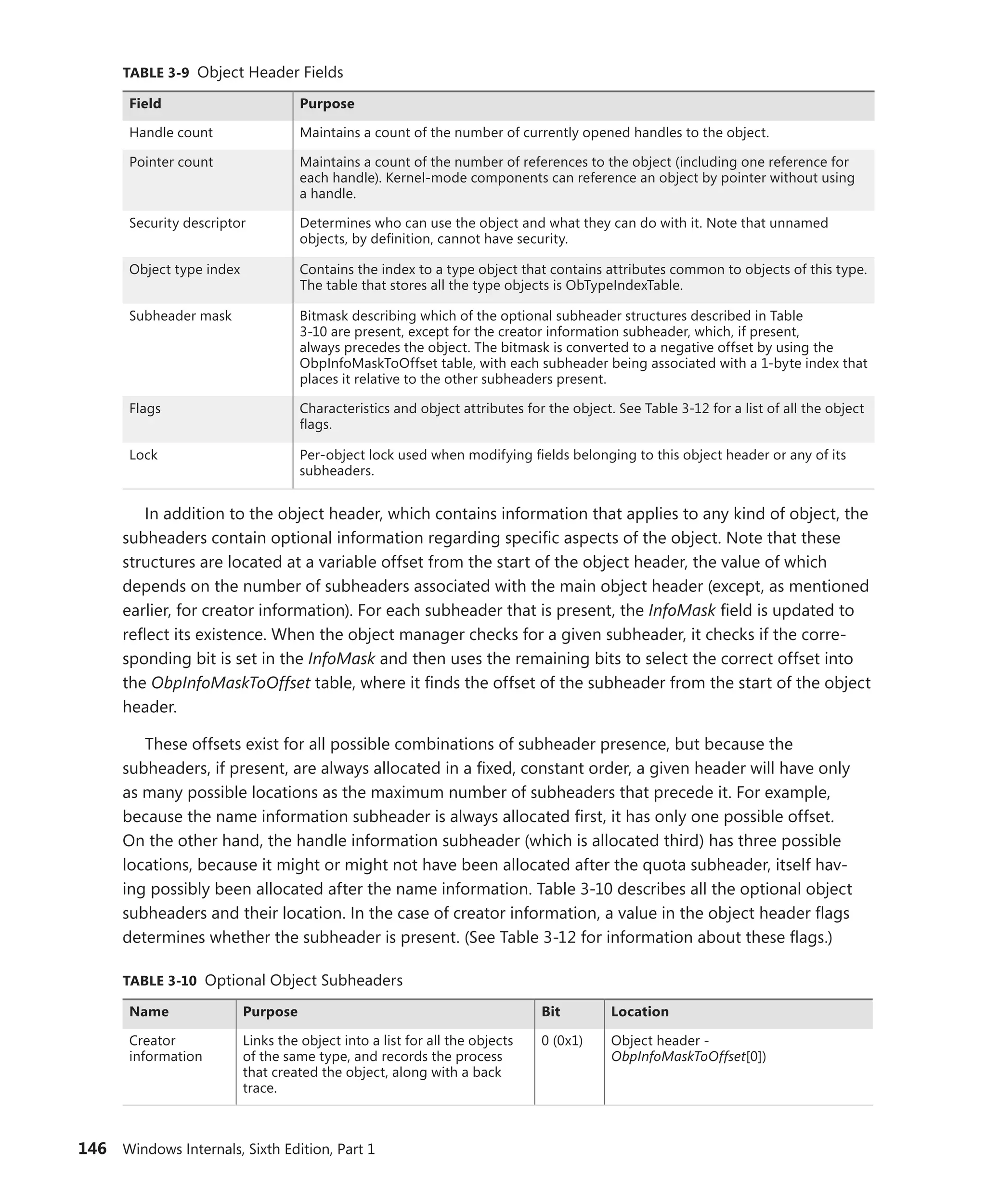 146 Windows Internals, Sixth Edition, Part 1
TABLE 3-9 Object Header Fields
Field Purpose
Handle count Maintains a count of the number of currently opened handles to the object.
Pointer count Maintains a count of the number of references to the object (including one reference for
each handle). Kernel-mode components can reference an object by pointer without using
a handle.
Security descriptor Determines who can use the object and what they can do with it. Note that unnamed
­
objects, by definition, cannot have security.
Object type index Contains the index to a type object that contains attributes common to objects of this type.
The table that stores all the type objects is ObTypeIndexTable.
Subheader mask Bitmask describing which of the optional subheader structures described in Table
3-10 are present, except for the creator information subheader, which, if present,
­
always precedes the object. The bitmask is converted to a negative offset by using the
ObpInfoMaskToOffset table, with each subheader being associated with a 1-byte index that
places it relative to the other subheaders present.
Flags Characteristics and object attributes for the object. See Table 3-12 for a list of all the object
flags.
Lock Per-object lock used when modifying fields belonging to this object header or any of its
subheaders.
In addition to the object header, which contains information that applies to any kind of object, the
subheaders contain optional information regarding specific aspects of the object. Note that these
structures are located at a variable offset from the start of the object header, the value of which
depends on the number of subheaders associated with the main object header (except, as mentioned
earlier, for creator information). For each subheader that is present, the InfoMask field is updated to
reflect its existence. When the object manager checks for a given subheader, it checks if the corre-
sponding bit is set in the InfoMask and then uses the remaining bits to select the correct offset into
the ObpInfoMaskToOffset table, where it finds the offset of the subheader from the start of the object
header.
These offsets exist for all possible combinations of subheader presence, but because the
­
subheaders, if present, are always allocated in a fixed, constant order, a given header will have only
as many possible locations as the maximum number of subheaders that precede it. For example,
­
because the name information subheader is always allocated first, it has only one possible offset.
On the other hand, the handle information subheader (which is allocated third) has three possible
locations, because it might or might not have been allocated after the quota subheader, itself hav-
ing ­
possibly been allocated after the name information. Table 3-10 describes all the optional object
subheaders and their location. In the case of creator information, a value in the object header flags
determines whether the subheader is present. (See Table 3-12 for information about these flags.)
TABLE 3-10 Optional Object Subheaders
Name Purpose Bit Location
Creator
­information
Links the object into a list for all the objects
of the same type, and records the process
that created the object, along with a back
trace.
0 (0x1) Object header -
ObpInfoMaskToOffset[0])
 